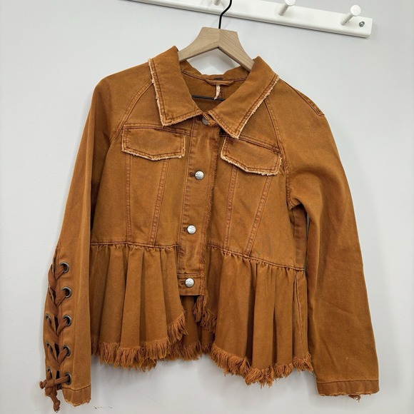 Free People Willow Denim Jacket XS Rust/Brown Lace Up Cuffs Boho Western Forest - Picture 1 of 10